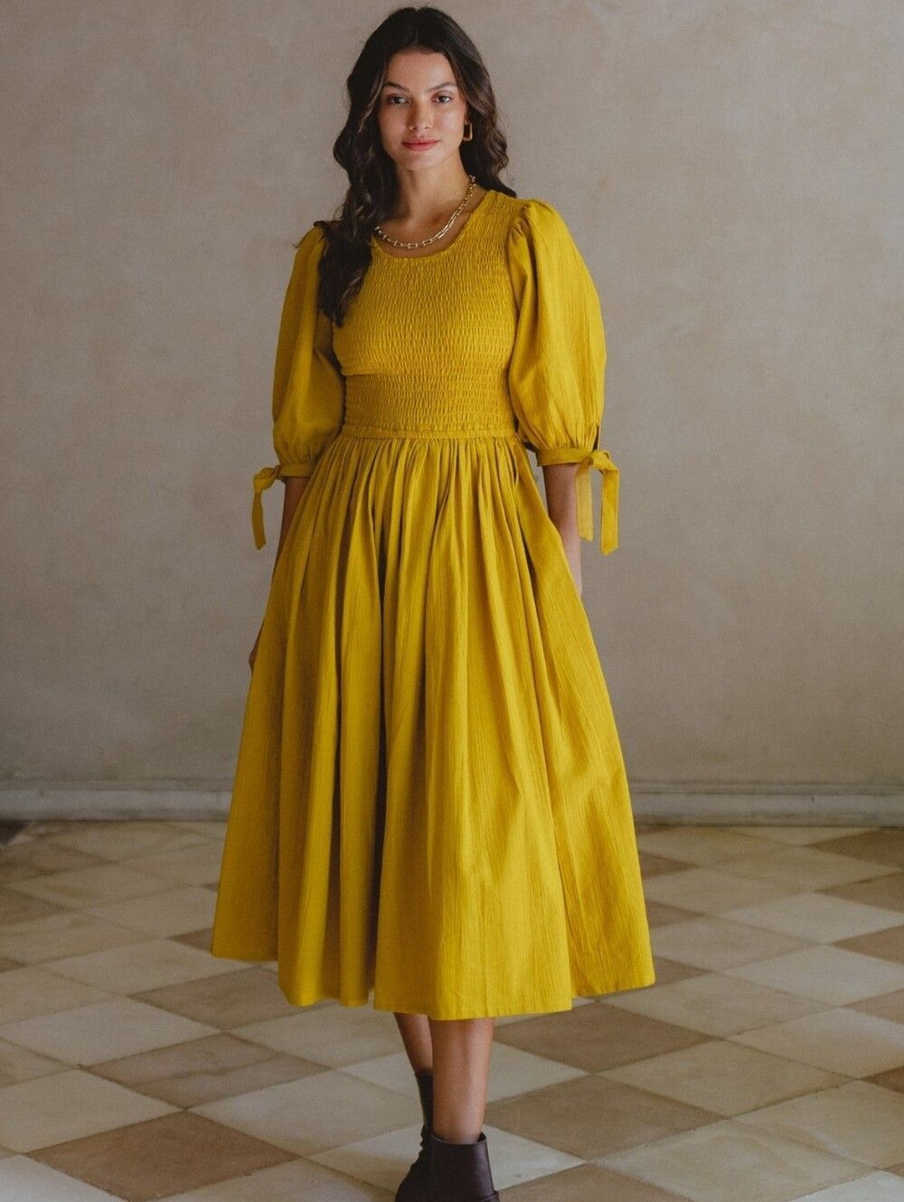 Bali Elf Made By Hand Freya Smocked Linen Midi Dress Amber Mustard